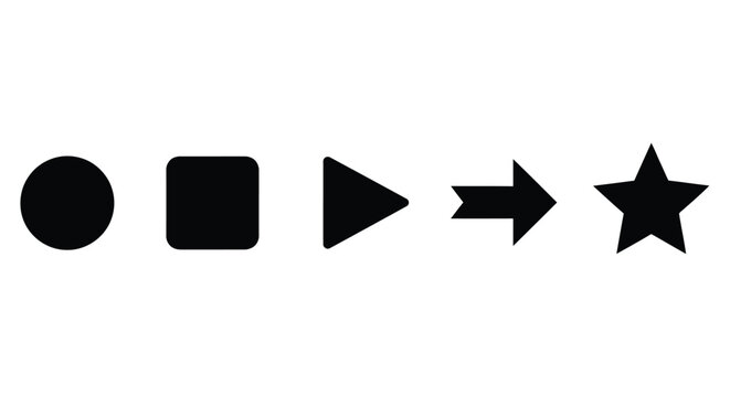 A sequence of simple black geometric shapes circle square triangle arrow and star