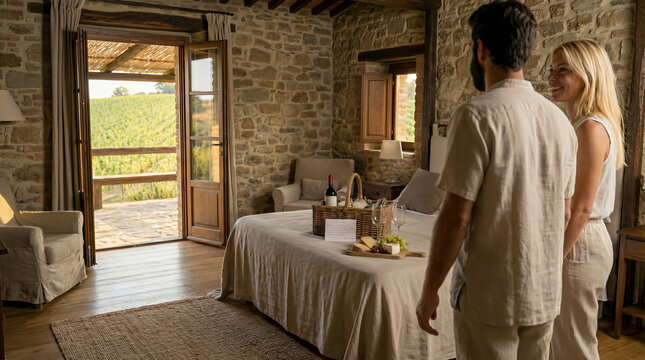Romantic couple entering a charming rustic bedroom in an Italian villa with a vineyard view, finding a welcome gift of wine and cheese on the bed.