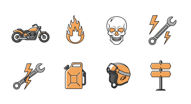 Motorcycle icons set with skull, flames, tools, and gas can