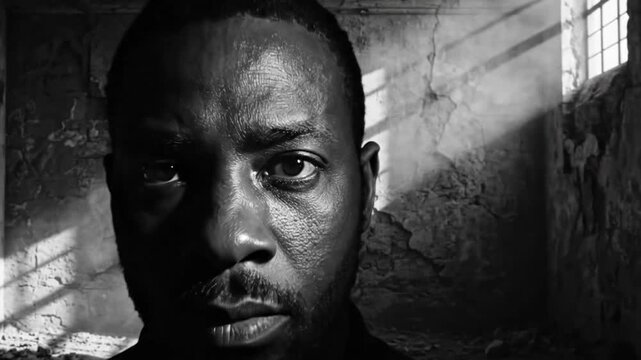 Black and white close up portrait of a man's face in a dark desolate room with sunlight illuminating through a window.