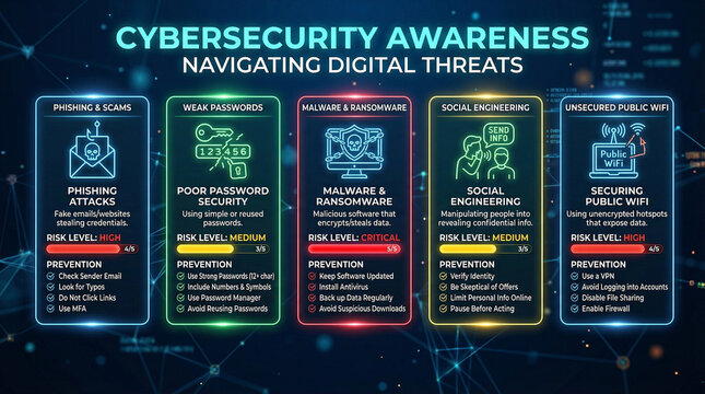 Cybersecurity awareness infographic, navigating digital threats and phishing attacks, malware and ransomware prevention guide, network security data