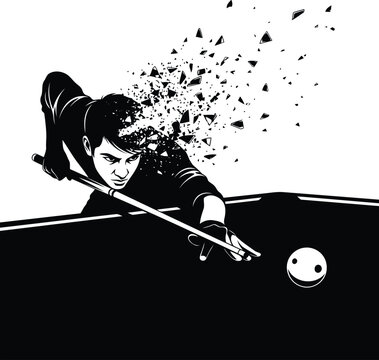 Artistic black and white graphic illustration of a man playing pool with his head exploding.