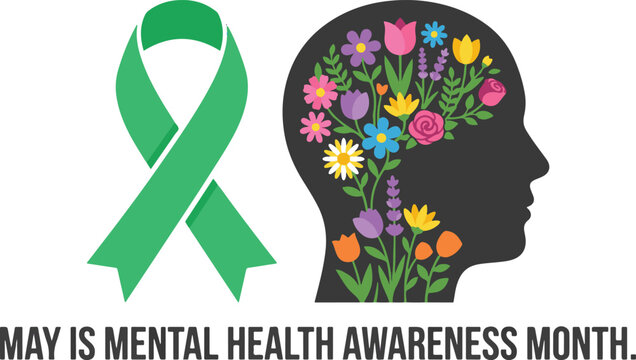 May is Mental Health Awareness Month Illustration with Green Ribbon and Floral Brain Profile