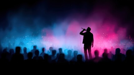 Fototapeta premium Silhouette of a male vocalist performs on stage before a large crowd illuminated by vibrant neon lights.