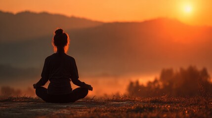 person meditating sunrise outdoors with blured nature background