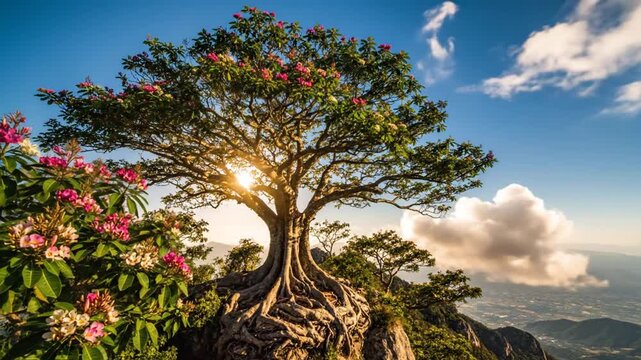 Flowering tree on cliff edge overlooking mountain landscape at sunset