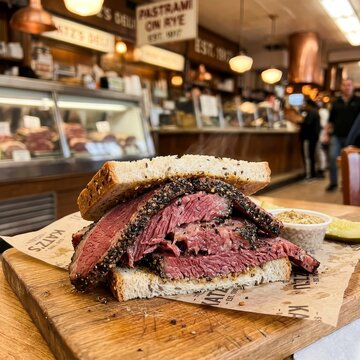 Delicious pastrami sandwich on rye with mustard and pickles