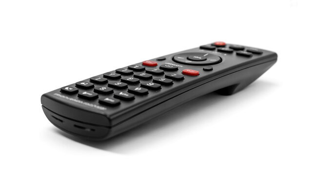 Black remote control with directional pad and numeric keypad isolated on white background