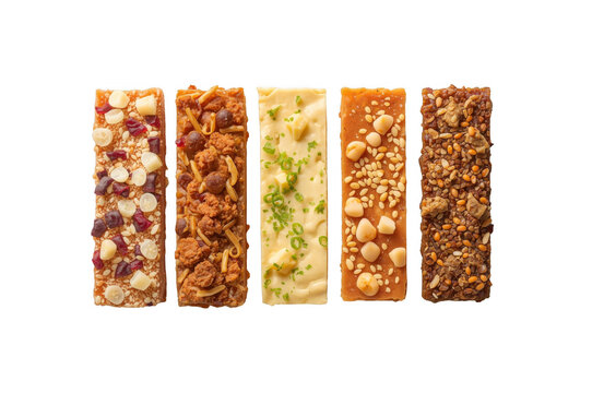 Five assorted granola bars displaying various healthy ingredients