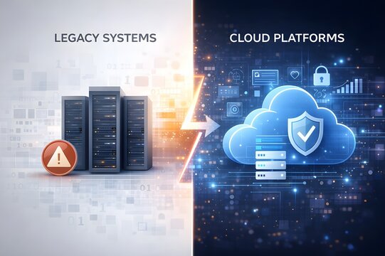 Split image showing old system evolving into modern cloud platforms.