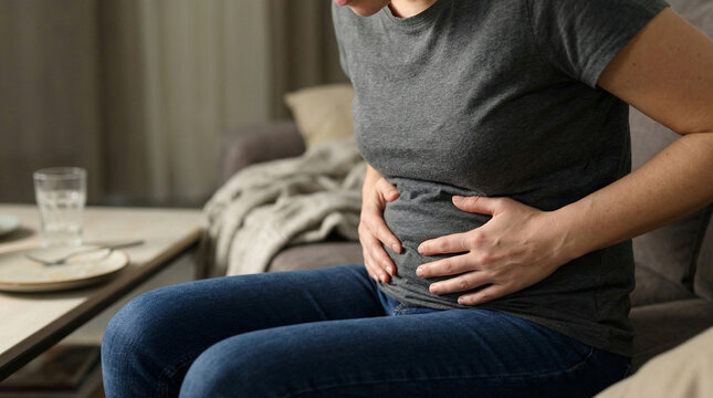 Close-up of a young woman's bloated stomach with hands holding her belly in pain, representing indigestion, abdominal bloating, and digestive health issues after eating