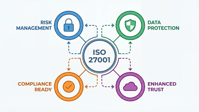 ISO 27001 information security management standard concept diagram illustrating risk management data protection compliance readiness and enhanced organizational trust for cybersecurity governance