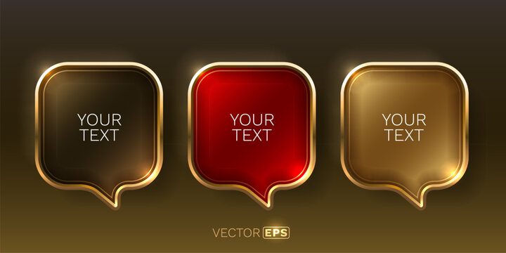 Luxurious glossy speech bubbles with golden borders. Elegant text boxes for modern design.