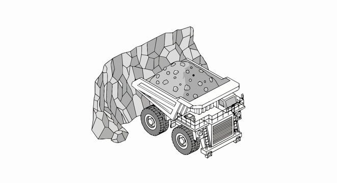 Isometric Mining Dump Truck Illustration, Heavy Duty Haul Truck with Rock Load in Open Pit Mine, Industrial Line Art Vector Graphic for Construction and Excavation Projects