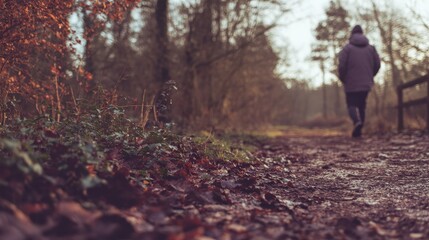 Fototapeta premium person exploring woodland path with blured nature background