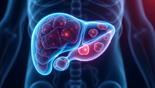 a minimal hologram style medical illustration of the gallbladder and surrounding liver anatomy showing gallstones (cholelithiasis), with a semi transparent blue holographic effect, glowing outlines