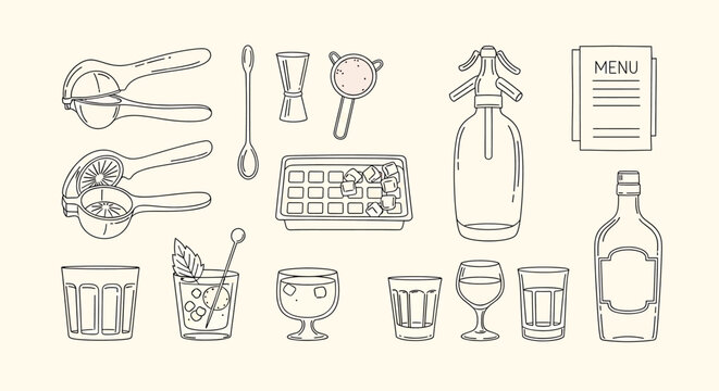 Vintage hand drawn sketch collection of bar tools glassware and cocktail ingredients isolated on transparent background