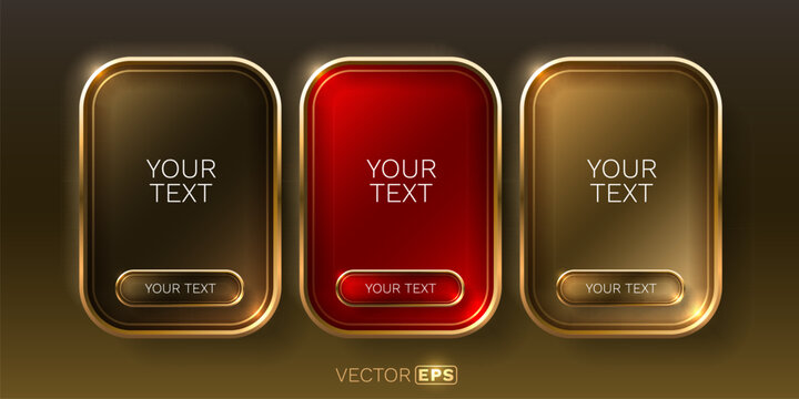 Glossy 3D buttons with golden frames in red and gold colors.