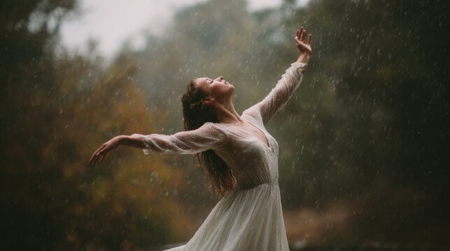 woman dancing in rain with blured nature background