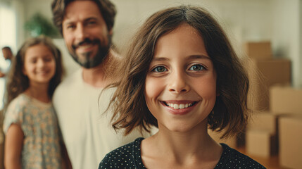 Obraz premium A happy family with a smiling young girl in the foreground, father and sister in the background, surrounded by cardboard boxes suggesting a move or new home.