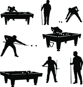Black silhouettes of people playing billiards and pool at various tables with cue sticks