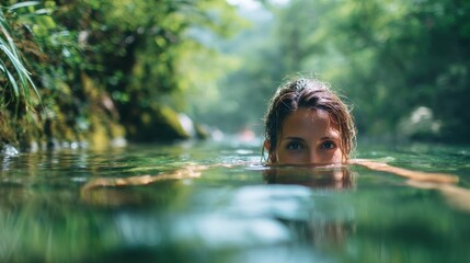 Fototapeta premium girl swimming natural pool with blured nature background