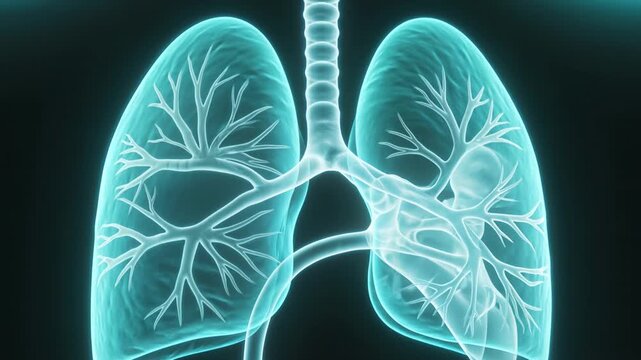 Cyan digital lungs expand rhythmically within a transparent chest to visualize pulmonary function for respiratory disease diagnostics.