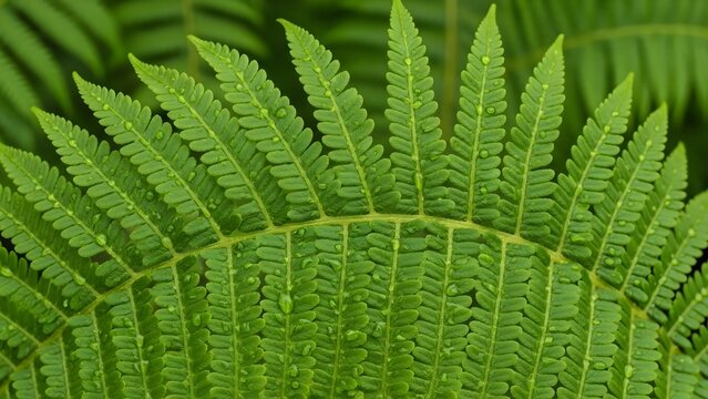 Detailed close up shot of green fern frond with water droplets on surface