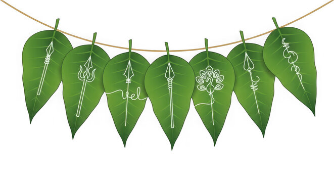 Hindu Deities Symbols on Green Leaves Hanging on String Spiritual & Religious Concepts Clean Design