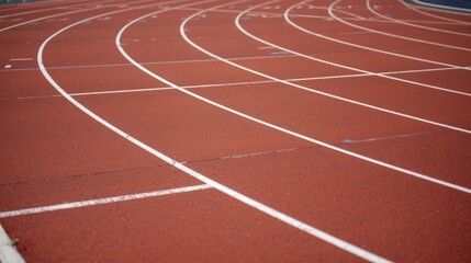 Fototapeta premium A close up view of an empty running track featuring multiple lanes with white painted markings isolated on white background