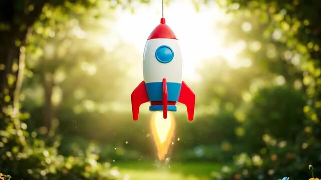 A vibrant, cartoon-style rocket is suspended above a green, flowered meadow. The rocket is poised for launch, with flames erupting from its base