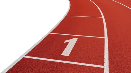 Fototapeta premium A close up view of lane number one on a bright red synthetic running track at a stadium facility. isolated on white background