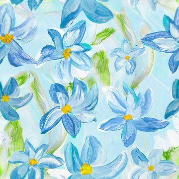 Seamless pattern of abstract painting blue flowers, original hand drawn, impressionism style