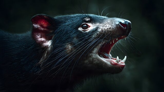 Tasmanian Devil Close-up Portrait, Aggressive Snarl, Sharp Teeth, Dark Background
