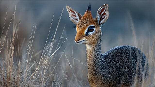 Dik-dik antelope in dry grass, close-up portrait, African wildlife