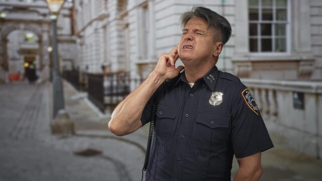 Man in police uniform touching ear with finger on a street beside a stone building, radio cord and badge visible; pain duty.