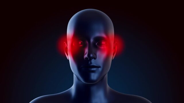 3D animation of human head from front, showing bilateral glowing red spots on temples. Medical motion graphic symbolizes tension headaches, migraines, high blood pressure or mental stress