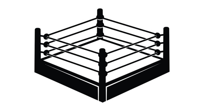 A stark black silhouette depicts a professional wrestling ring showcasing ropes and corner posts silhouette high quality detailed