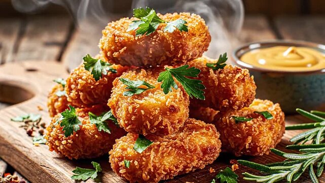 Crispy fried breaded nuggets on wooden board with dipping sauce