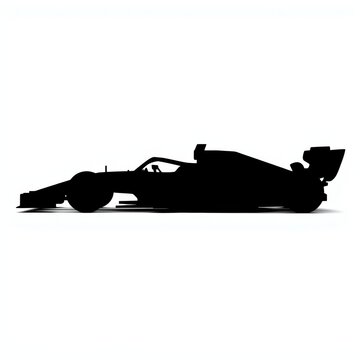 Racing car silhouette, black formula race car profile on white background, high speed automotive sport vehicle icon, aerodynamic bolide side view