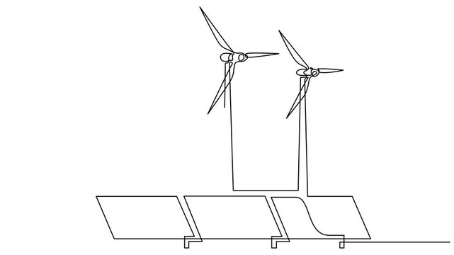 Animated self drawing of Continuous one line drawing of wind turbines eco energy. Wind alternative energy. wind farm generating renewable