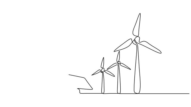 Animated self drawing of Continuous one line drawing of wind turbines eco energy. Wind alternative energy. wind farm generating renewable