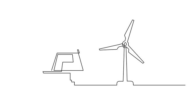 Animated self drawing of Continuous one line drawing of wind turbines eco energy. Wind alternative energy. wind farm generating renewable