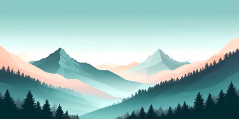 Obraz premium Morning mountain landscape with snowy peaks, forest valley, fog, and clouds over alpine mountains