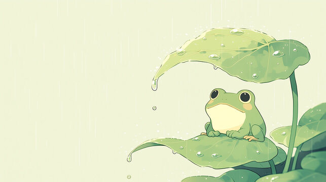 雨の中、葉っぱの傘で雨宿りをする可愛いカエルのイラスト