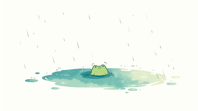 水たまりの中で雨を楽しむ可愛いカエルのイラスト