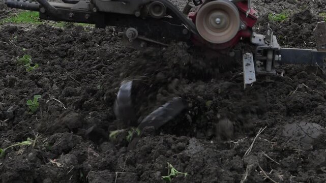 The process of plowing the land with a modern tillerblock on a farm plot on a spring day