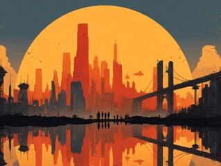 Obraz premium A colorful retro vector illustration blending past and future aesthetics highlighting a stylized future world