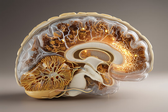 Glymphatic System Brain Waste Clearance Anatomy Illustration &mdash; Perivascular Space Aquaporin-4 CSF Drainage Astrocyte Sleep Detox Medical Diagram Warm Editorial