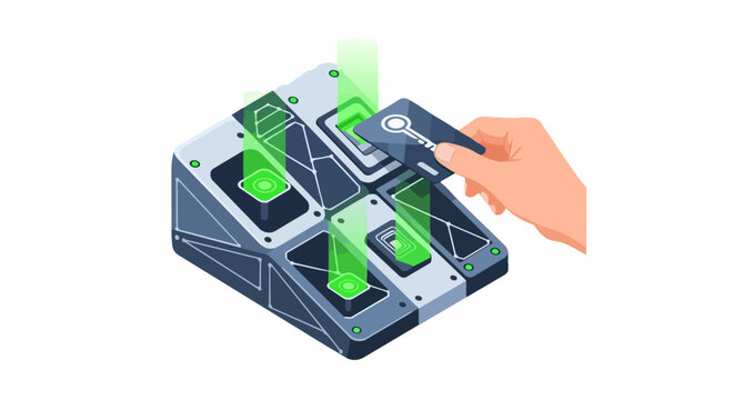 Cyber Security and Digital Access Concept: Hand Holding Smart Key Card to Electronic Authorization Device, Isometric Vector Illustration